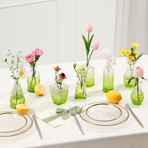 Vintage Small Glass Vases Set of 10,Mini Bud Vases for Flowers,Amber Glass Vases for Centerpieces,Wedding Decorations,Home Table Flower Decor (Olive Green) - color: Olive Green