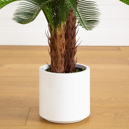 Nearly Natural 40in UV Resistant Artificial Double Cycas Palm Tree in White Planter