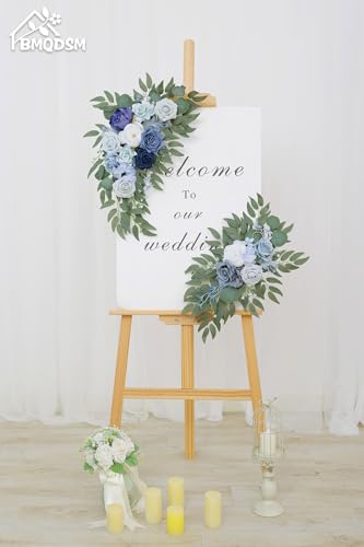 Wedding Welcome Signs Floral(Pack of 2)，Wedding Arch Flowers for Wedding Decorations and Reception Backdrop Decoration（New Blue） - color: New Blue