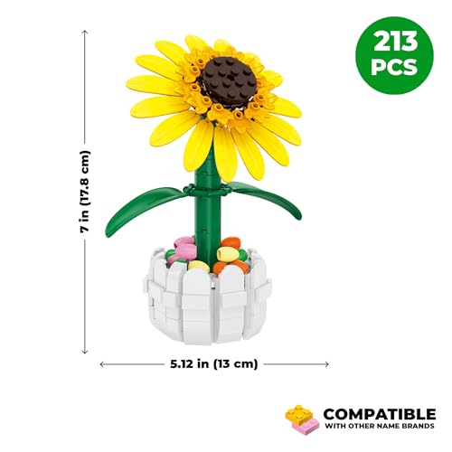 Brickcraft Bricktanicals Yellow Sunflower in Picket Fence Pot Brick Building Set, 213 Piece Botanical Flower Model, Ages 8 Plus, Collectible Build and Display Set, Spring Gift for Kids and Adults - style: Yellow Sunflower Spring