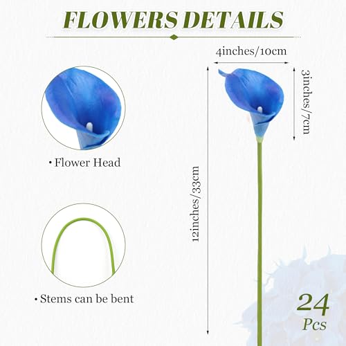24 Pcs Blue Artificial Calla Lily Flowers Fake Blue Silk Flowers Real Touch for Wedding Bouquet Office Home Kitchen Decor - color: Blue