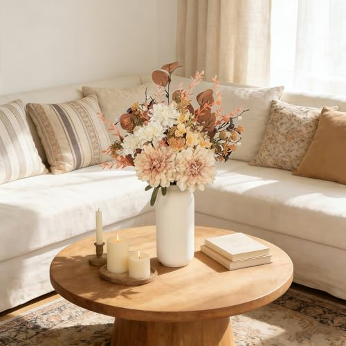 Artificial Fall Flowers Bouquet in Ceramic Vase, Faux Brown Flower Centerpieces for Coffee Table Decorations, Fake Silk Floral Arrangements for Thanksgiving Living Dining Room Bedroom Decor - color: Brown + Big