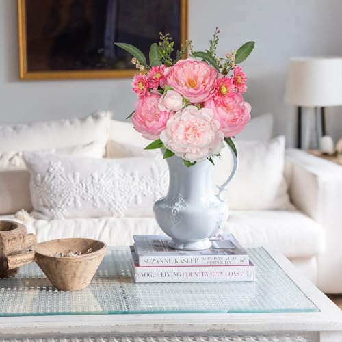 GnFlus Artificial Peony Flower Stems 10PCS Hot Pink Faux Peonies & Daisies Silk Flowers Realistic Fake Flowers for Vase Centerpiece Wedding DIY Bridal Bouquet Party Home Decor - color: Peony, Hot Pink, size: 1 Pack