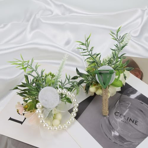 White Corsages and Pocket Boutonniere Set 2pcs Groom Boutonniere for Wedding，Prom Corsage Wristlet Bracelets，White Corsages for Men Prom Decor - color: White Pink Corsage - Single Chain