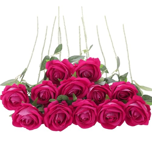 12Pcs Pink Roses Artificial Flowers Fake Rose Faux Velvet Silk Flowers for Home Wedding Decoration (Pearl Roses - Hot Pink) - color: Pearl Roses - Pink Hot 12p
