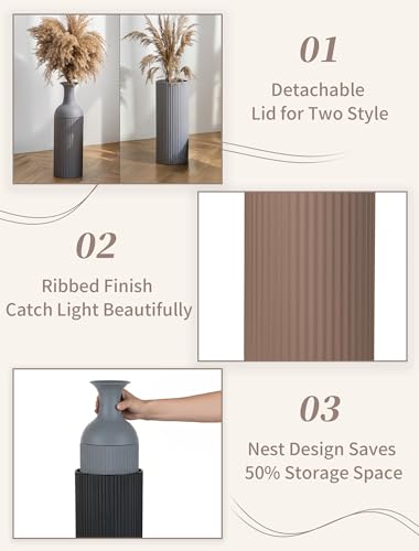 Sziqiqi Metal Tall Floor Vase: Tricolor Large Ribbed Floor Vasess 27/20/16in for Living Room - Farmhouse Earth Tones Vases for Pampas Grass - Oversized Standing Vase for Fireplace Home Corner Hallway - color: Earth Tone