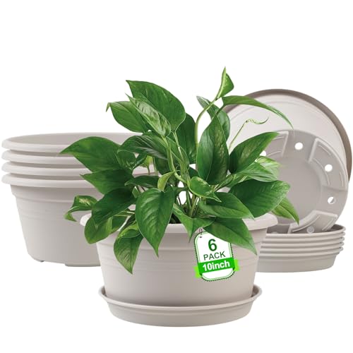 6 Pack 10 inch Plant Pot, Outdoor Pots for Plants with Drainage Hole & Tray Saucer, Round Plastic Plant Pot, Decoration Flower Pots for Indoor Plants Home Garden Outdoor Planters (Gray White) - color: Gray White, size: 10 Inch - 6Pack