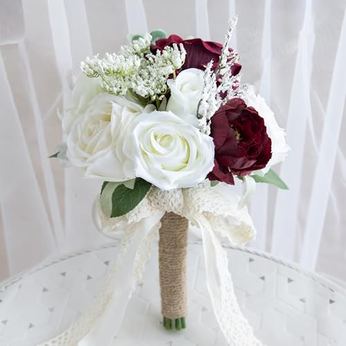 Wedding Bouquets for Bride Bridesmaid, Artificial Burgundy Champagne Bride Flower Bouquet for Wedding Church Decoration Ceremony, Anniversary, etc, Roses Flowers - color: Burgundy & Champagne