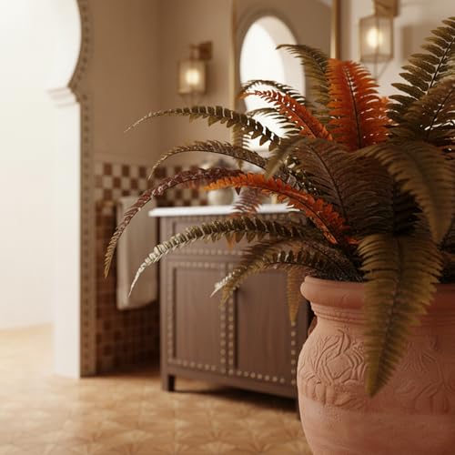 Artificial Plants Faux Fern, Artificial Ferns for Outdoors Indoors, 45 Inch Large Fake Boston Ferns 2 Pack, Realistic Hanging or Floor Greenery for Porch House Decor, Rust Autumn Color - color: Rust Autumn Color