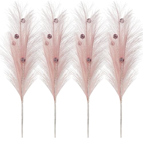 Christmas Tree Picks Decorations Set of 4 Sequins Ball Sprays 17" Artificial Furry Reed Grass Stems Fluffy Pampas Branches Feather Tails for Vase Fillers Flower Arrangements Tree Topper (Pink) - color: Pink