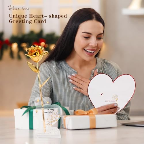 Gold Rose 24K Plated Gold Dipped Rose,Genuine One of a Kind - Forever Flower -Preserved Rose,Romantic Gift for Valentine's Day and Mothers Day, Anniversary, Birthday,Gifts for Her,Wife,Girlfriend - color: Gold Rose（with Heart-shaped Stand）