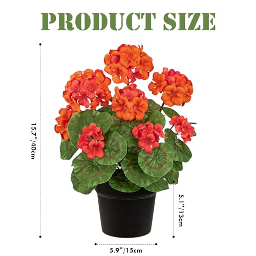 Briful 15.7in Artificial Geranium Plant in Black Pot, Orange Faux Potted Flowers, Real Touch Geraniums for Indoor Outdoor Decor, Table Centerpiece Farmhouse Home, Office, Porch & Living Room Decor - color: Orange#586