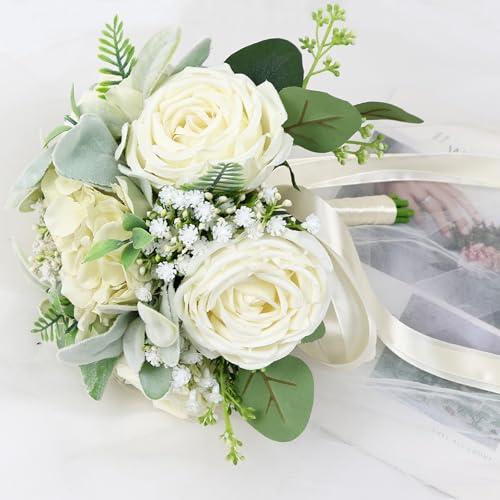 Wedding Bouquets for Bride Bridesmaid 8.5 Inch Ivory White Artificial Roses Flowers Bridal Bouquets for Bride Wedding Marriage Proposal Party Church Decoration - color: Ivory White