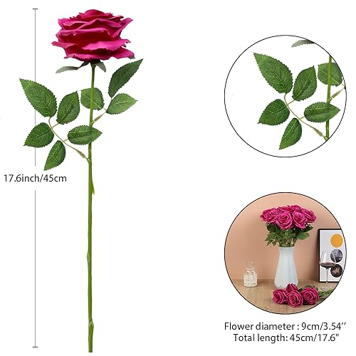 15pcs Fake Roses Artificial Silk Flowers Faux Rose Flower Long Stems Bouquet for Arrangement Wedding Centerpiece Party Home Kitchen Decor - color: Magenta