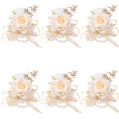 Women Champagne Faux Rose Wrist Corsages Set 6Pcs for Wedding Prom | Silk Flowers With Pearl Wrist for Brides, Bridesmaids & Mothers, Artificial Roses for Homecoming Ceremony Anniversary Party - color: Light Champagne Wrist Corsages 6pcs