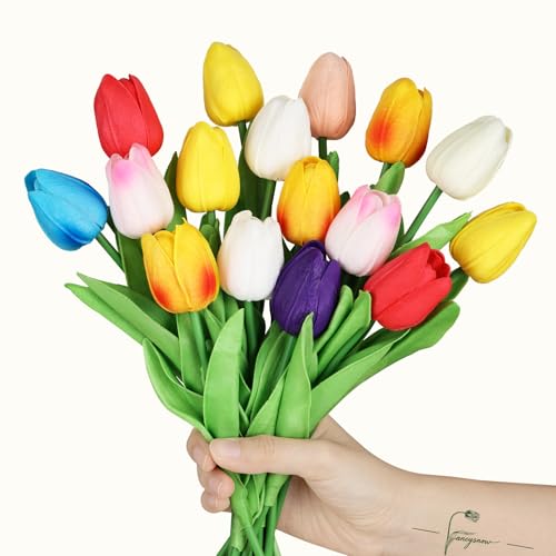 16Pcs Tulips Artificial Flowers Real Touch PU Faux Tulips Colorful Fake Flowers for Home Decor - Easter Spring Table Arrangement in Vase (Bedroom, Living Room, Kitchen) - color: Multicolor-16