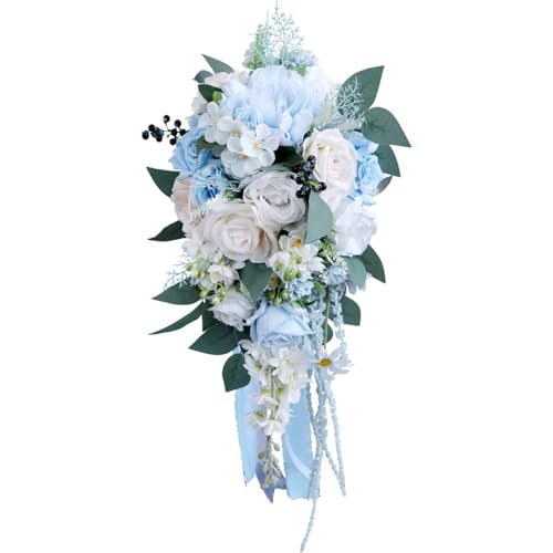 9.8 Inch Cascade Bridal Bouquet for Bride with Artificial Rose Flower Greenery Rustic Cascading Bridal Bride Wedding Bouquet Flower Wedding Champagne and Light Blue - color: Light Blue & Champagne