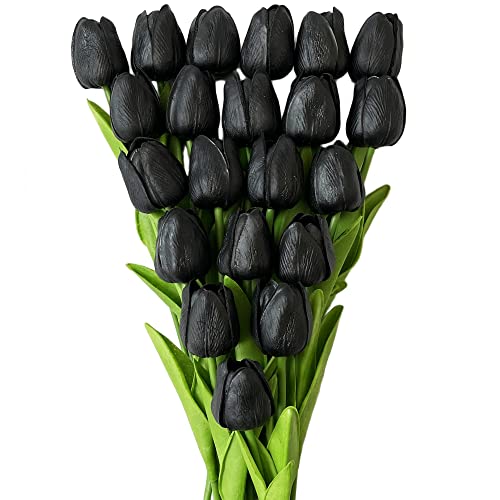 UKELER 24 Pcs Black Flowers Tulip Artificial Flowers Real Touch PU Tulip Flowers for Home Decorations Centerpieces Arrangement Wedding Bouquet - color: Black