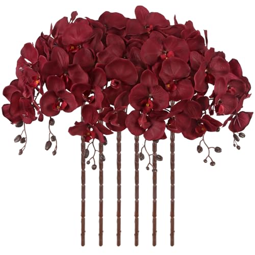 41.3in Orchids Artificial Flowers Faux Orchid 6PCS Velvet Silk Orchids that Look Real Long Stem Artificial Flowers for Tall Vase for Home Wedding Party Fall Décor (Burgundy) - color: Burgundy