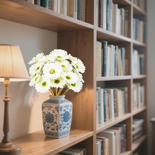 15 Pcs 15 Inch White Artificial Gerbera Daisy Flowers - Fake Mums Daisies Bouquet for Wedding Decor, Party Decorations, Home Kitchen Decorations - color: White - Gerbera