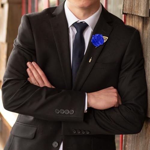 M METERXITY 12-Pack Flower Lapel Pins for Men, Golden Leaf Rose Boutonnieres Pin for Wedding/Dance/Party, Mens Lapel Pins for Suits Satin Flower Corsage Hat Pins [Sapphire Blue] - color: Sapphire Blue