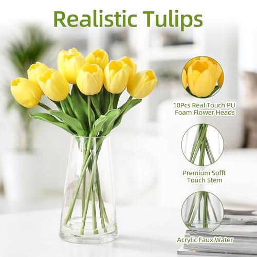 GarveeTech 10 Pcs Real Touch Artificial Tulips - PU Fake Tulip Stems with Glass Vase, Yellow Spring Flower Arrangement for Easter, Wedding, Home, Table Centerpiece Decor - color: Yellow, size: Tulip(10 Pcs)