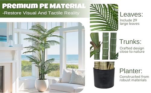 Roselywed Artificial Areca Palm Tree 7FT with 29 Leaves Realistic Tall Large Fake Faux Tropical Silk Plant 84 Inch Black Pot for Indoor Home Office Porch Mall School Decor Housewarming Gift - size: 7ft