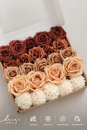 Ling's moment Artificial Flowers Fake Silk Roses Faux Foam Dahlia Combo for DIY Wedding Bouquets Centerpieces Arrangements Bridal Shower Party Home Decorations, Amber & French Orange, 24pcs - color: Or-amber & French Orange