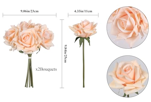 IPOPU 2 Bouquets Real Touch Roses Artificial Flowers 10PCS Champagne Flowers Fake Roses with Stems for Wedding Party Home Table Centerpieces Decoration(Champagne) - color: Champagne