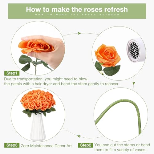 Thiccywoov 30 Pcs Rose Artificial Flowers in Bulk Lifelike Long Stem Silk Roses Bouquets Realistic Faux Flowers for Wedding Bridal Shower Home Decor Floral Arrangements Table Centerpiece(Orange) - color: Orange