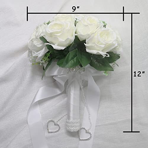 LEIFENY Wedding Bouquets for Bride, White Bridal Bridesmaid Wedding Flowers with Silk Ribbon and Rhinestones, Artificial Toss Rose for Civil Ceremony