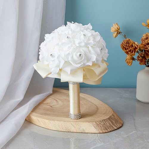 Wedding Bouquets for Bride, Bridal Flowers for Wedding, Bride Bridesmaid Hand Flowers Bridal Bouquet Crystal Diamond Silk Roses, Artificial Flowers Bouquet for Church Wedding Party (Beige) - color: Beige