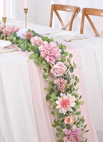 Waipfaru Artificial Flower Garland, 6.07ft Eucalyptus Garland with Flowers for Wedding Reception Table Mantle Room Decor (Rose Pink) - color: Rose Pink-6.07ft, size: 1 Pack