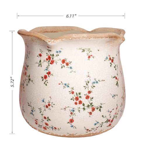Ceramic Pots for Plants, Vintage Plant Pot with Drainage Hole, 6.11in. Planter for Indoor Plants, Crackle Glaze Finish Flower Pot, Perfect Tuscan Ceramic Planter for Gardening, Small Red Blooms - color: Small Red Blooms