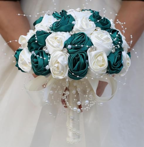 Ujicde Romantic Wedding Bouquet Bridal Bridesmaid Round Bling Brooch Bouquet Throw Toss Artificial Rose Flower Bunch with Sparkle Rhinestone Crystal Decoration(Dark Green+Ivory,Dia. 6.3"*16cm) - color: Dark Green+ivory, size: Dia. 6.3"*16cm