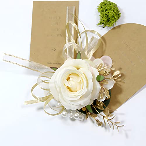 Champagne Rose Wrist Flower Corsage & Boutonniere Set for Wedding Bride Bridesmaid Groom Groomsmen Parents Suit Lapel Pin Button Hole Flower for Prom Homecoming, Tea Party, Formal Dinner - color: Champagne Set