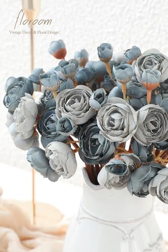 Floroom Ranunculus Artificial Flowers 18 Pcs Dusty Blue Faux Silk Mini Ranunculus Bulk Fake Wedding Filler Flowers for DIY Bouquets, Centerpieces, Bridal Shower Decorations & Arrangements - color: Dusty Blue