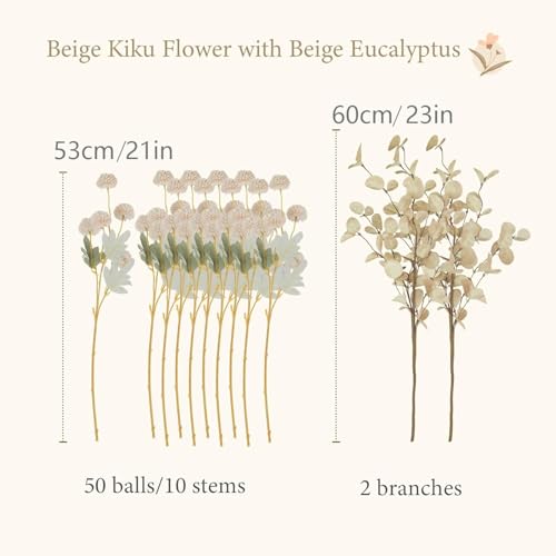 12 Pcs Beige Fake Flowers for Vase, 50 Heads Faux Silk Mums with Eucalyptus, Artificial Flowers with Long Stem, Chrysanthemums for Wedding Centerpieces Floral Arrangements Home Decor - color: Beige