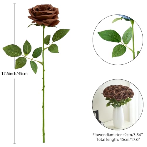 15pcs Fake Roses Artificial Silk Flowers Faux Rose Flower Long Stems Bouquet for Arrangement Wedding Centerpiece Party Home Kitchen Decor - color: 15pcs Chocolate