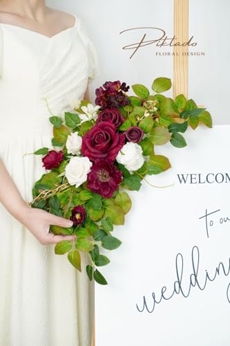 Wedding Decor (Pack of 2) Welcome Sign Flower Backdrop Garland for Ceremony Reception Wall Easel Home Decoration Entryway Faux Outdoor Board Head Table Decor (Burgundy & White) - color: Burgundy & White