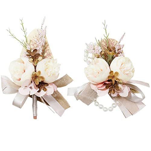 MAFELOE Wrist Corsage & Boutonniere Set, Creamy+Brown+Pink, 2 Pieces | Artificial Flowers, For Groom Bride Groomsmen Bridesmaids, Wedding Party Prom Suit Accessories