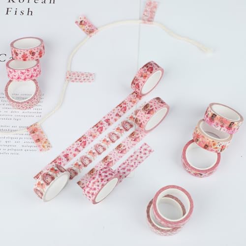 12 Rolls Fairy Washi Tape Set, Fairy Mushroom Butterfly Floral Decorative Tape, Pink Watercolor Masking Tapes for Scrapbooking Journaling Party Supplies, DIY Art Crafts, Gift Wrapping 16.4FT - color: P