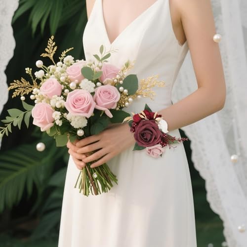 2Pcs Wedding Corsage and Boutonniere Set Burgundy Rose Corsage Wristlet and Boutonniere for Men Women Groom Bride Bridesmaid Groomsmen Wedding Party Accessory Prom Decoration (Burgundy) - color: Burgundy