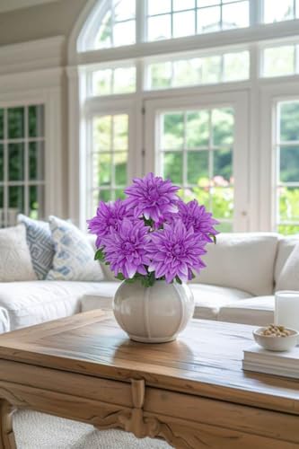 Hollyone Purple Artificial Dahlia Flowers Bush 7 Heads Silk 15.7" Fake Dahlias Flowers Wedding Bouquets Faux Dahlia Flowers Floral Arrangements for Outdoor Indoor Party Table Centerpieces Home Decor - color: Purple