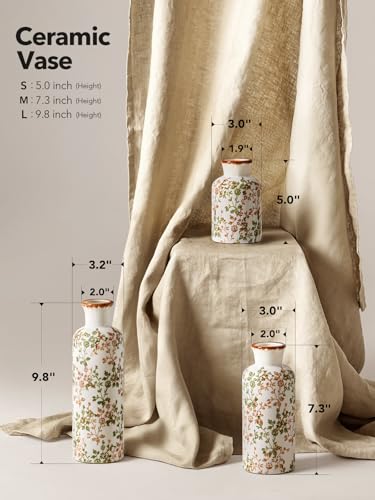 LE TAUCI Ceramic Vase Set of 3, Vintage Botanical Flower Vases for Fresh or Dried Flowers, Cottagecore Home Decor for Coffee Table, Mantel, Shelf, Entryway, Vine Green - color: Vine Green