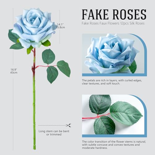 Ttranewsoo Fake Roses Faux Flowers Silk Roses 12PCS Artificial Roses with Stems Realistic Artificial Flowers Suitable for Indoor Home Decoration Diy Bouquet Wedding Decor Party Decoration （Blue）16.5“ - color: Blue 12pcs