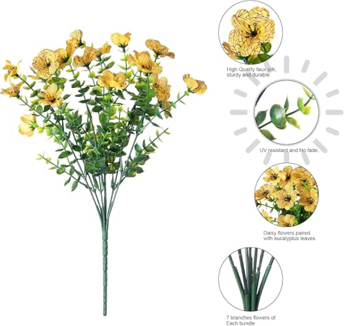 Artificial Flowers 12 Bundles, Faux Daisy and Eucalyptus Greenery Stems for Outdoor Indoor Decor - Fake Plants for Home, Garden, Patio, Porch Decoration - color: Yellow
