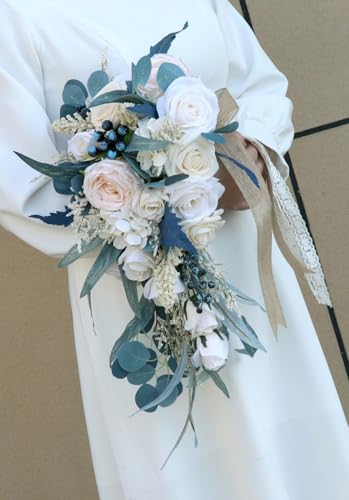 10.2 Inch Cascading Bridal Bouquet Waterfall Cascade Bridal Wedding Bouquet for Bride Rustic with Artificial Champagne Rose Flower and Peacock Blue Leaves - color: Champagne Rose & Peacock Blue Leaves