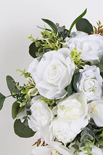 Artificial Bridal Bouquet, 11 Inch White Artificial Wedding Bouquets for Bride Bridal Bouquet Bridesmaid Bouquet Tossing Bouquet for Wedding Ceremony and Anniversary(White) - color: White