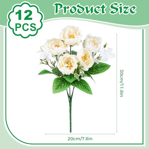 Olgaa 12 Bundles Peonies Artificial Flowers Fake Peony Bouquet Faux Peonies Flowers Bulk with Stems Flower Balls for Centerpiece Table Decorations Wedding Bridal Floral Arrangement (White) - color: White